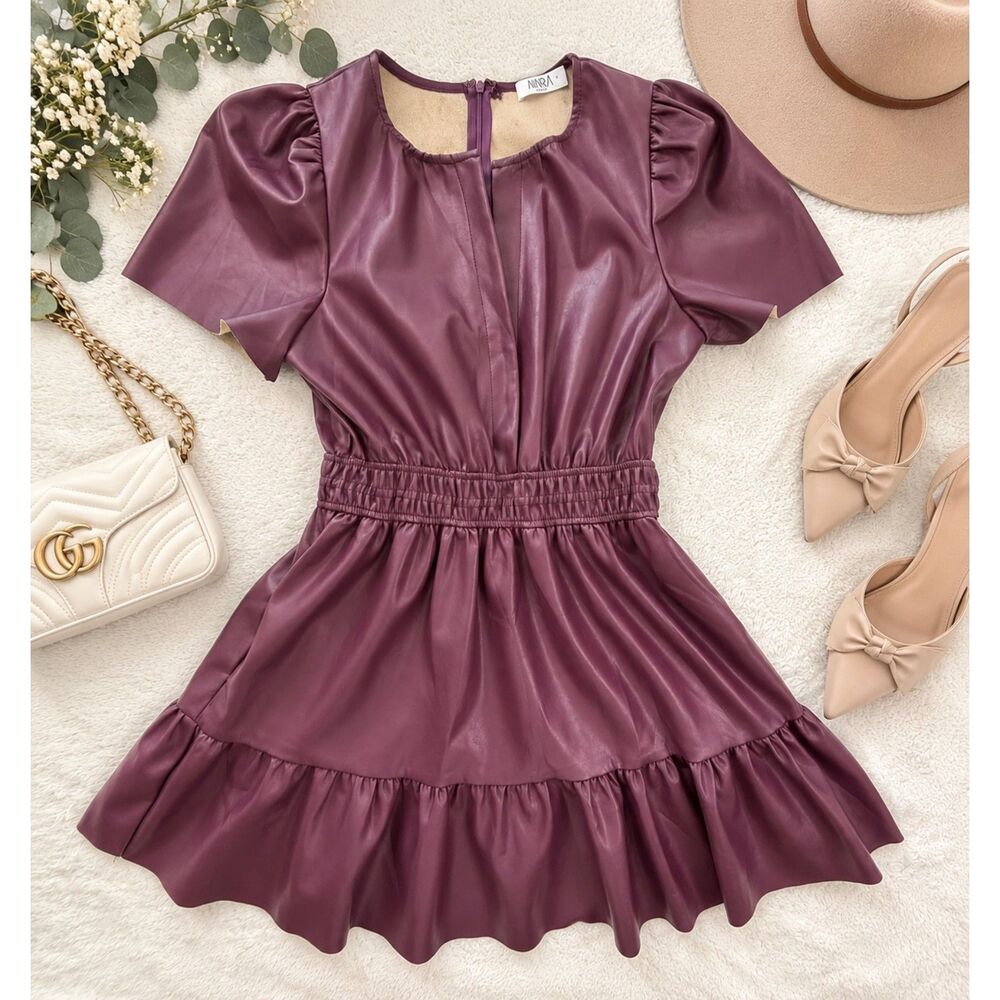 Avara Faux Leather Burgundy Puff Sleeve Tiered Mini Dress Medium